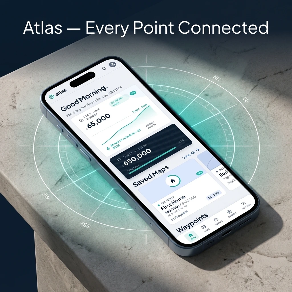 Illustration of the atlas app on a phone, showing a first home deposit journey, a saved map and progress towards a milestone